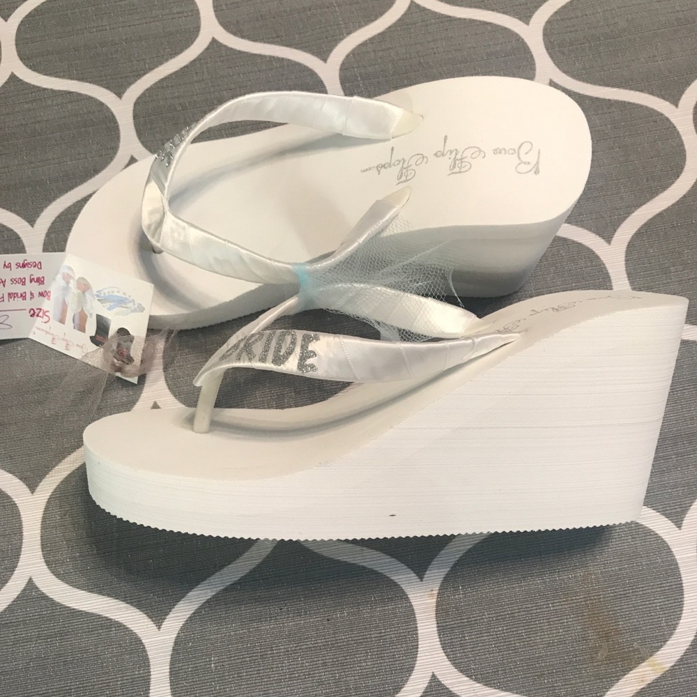 Bride white flip flops size 8 wedge